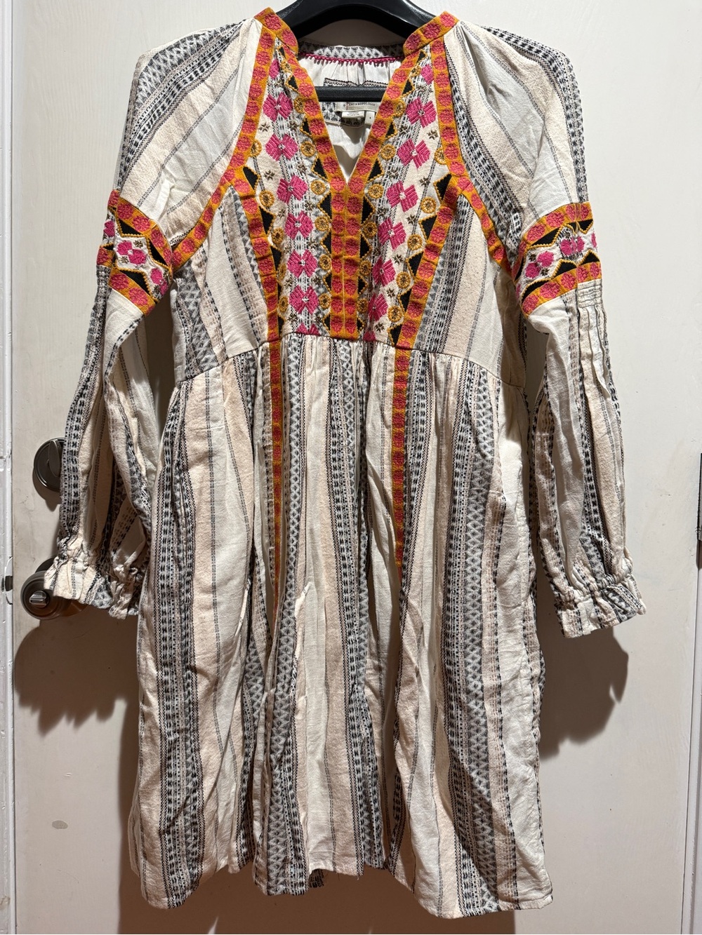 Anthropologie Cream Long-Sleeve Boho Dress with Pink & Gold Embroidery